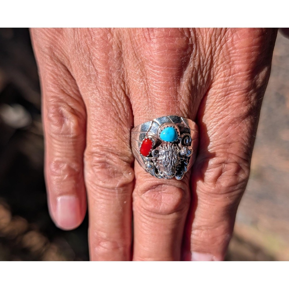 Navajo Men's Buffalo Ring Sterling Silver Turquoise Signed Grace Smith 10.25 **